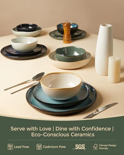 Image of Large Holiday Dinnerware Sets for 8, Ceramic Plates and Bowls Set, Kitchen Dish Set, Microwave & Dishwasher Safe Dishware, Perfect for Christmas & Thanksgiving, Forest Green