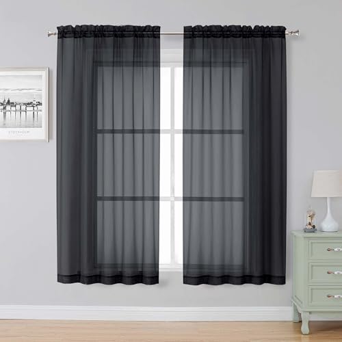 Image of Simplebrand Black Sheer Curtains, 63 inch Length, 2 Panels Set - Light Filtering, Rod Pocket Window Curtains for Bedroom (Black, 59 inch W x 63 inch L)