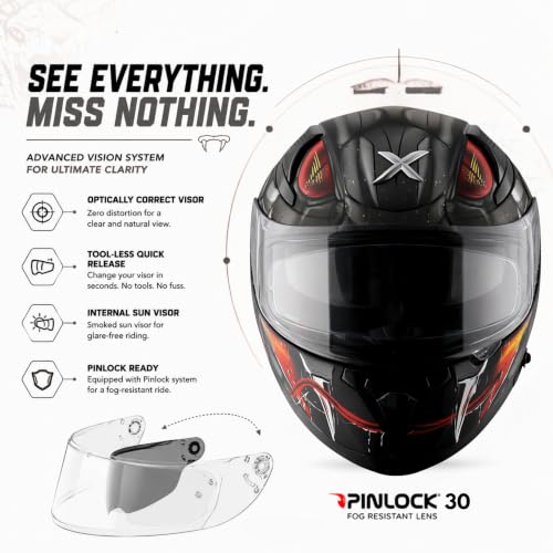 Image of Axor Apex Venomous ISI ECE DOT Certified Full Face Dual Visor Helmet for Men and Women with Pinlock Fitted Outer Clear Visor and Inner Smoke Sun Visor Dull Black Grey(L)