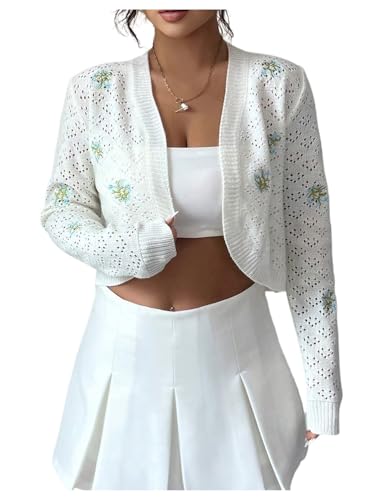 MakeMeChic Women's Cropped Lightweight Cardigan Fall Floral Embroidery Long Sleeve Hollow Knit Outerwear