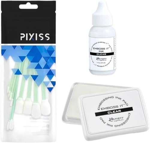 Ranger Emboss It Ink Pad Reinker and Pixiss Blending Swabs - Clear Embossing Ink Pad with Refill (1 fl oz) - 10 Ink Blending Brush Tools - Card Making Scrapbooking and Jewelry Making Essentials