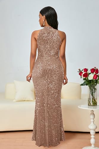 Image of VERWIN Sleeveless Halter Neck Sparkly Casual Party Cocktail Evening Bodycon Mermaid Maxi Sequins Dress