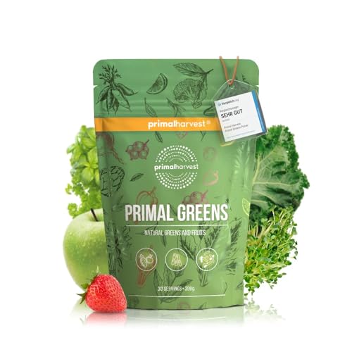Primal Harvest Super Greens Pulver mit 27 Pflanzenstoffen, inkl. Spirulina & Weizengras, 30 Portionen (1 Bag, ursprünglicher Geschmack)
