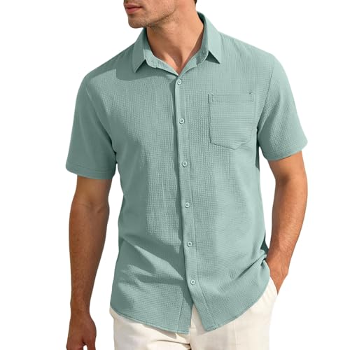 Camisa para hombre de manga corta de verano camisa de lino para hombre, camisa ligera para la playa, camisa informal de corte regular, camisa de bolos Guayabera, camisa de bolos, camisa de punto