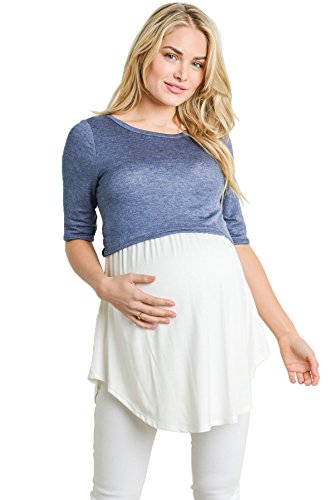 Hello MIZ Women's Empire Waist Babydoll Maternity Nursing Top (Denim Heather/Ivory, Medium)
