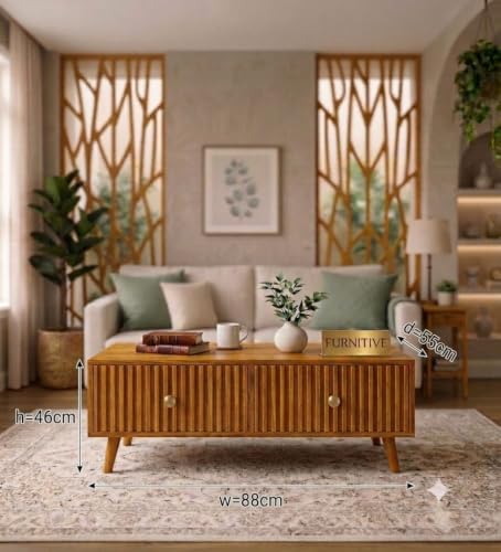 Image of Solid Sheesham Wood Coffee Table & Center Table for Living Room with Rattan Cane Lift-Down Shutter & Open Shelf, Solid Wooden Teapoy for Sofa with Storage | Tea Table (B-Honey)