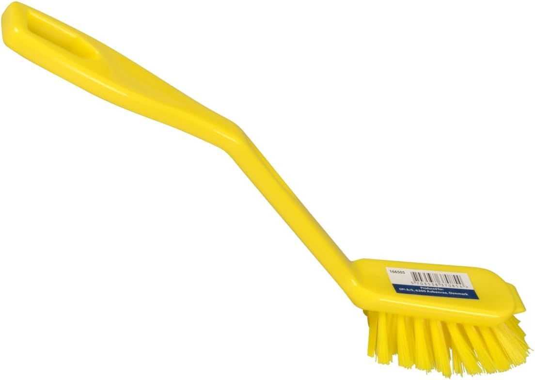 ABENA Yellow Dishwashing Brush, 27cm, Stiff Bristle Kitchen Cleaning Brush, Scraper Edge, Durable Nylon Dish Brush for Pots, Pans & Dishes, Ergonomic Handle, Everyday Kitchen Use