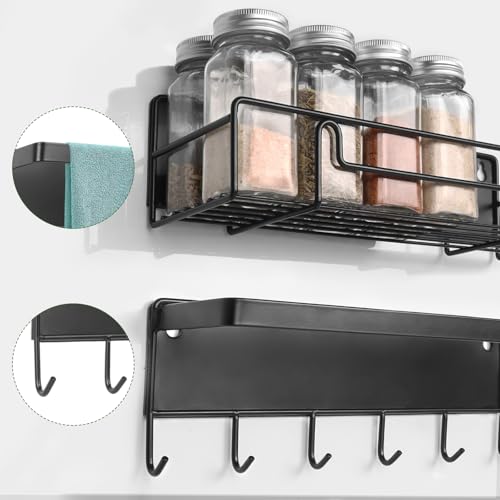 Mutool 4PC Magnetic Spice Rack with 1PC kitchen roll holder, 6 Hooks Herb rack, Wall Mounted fridge shelves, Fridge Shelf Seasoning Rack,Kitchen Organization and Herb Storage (Black) - Image 4