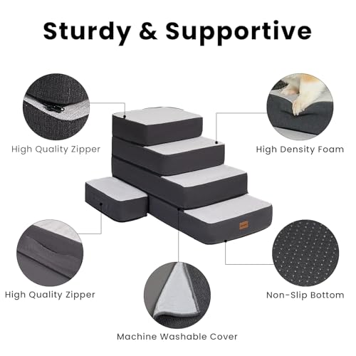 5-Step Adjustable Dog Stairs for High Beds, Dog Steps for Small Dogs and Cats, Foldable Pet Stairs for Bed Climbing, Non-Slip Pet Step Indoor, Grey - Image 5