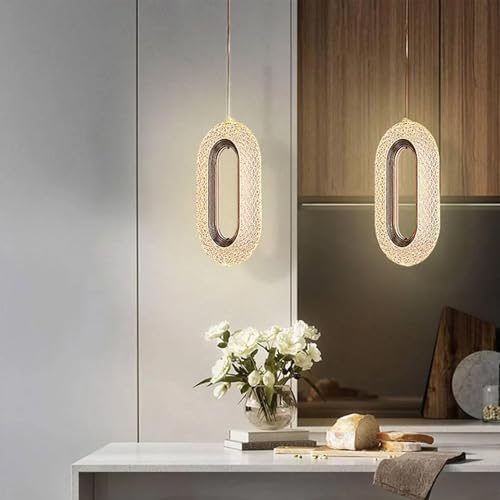 Image of SINOMAN Modern LED Hanging Pendant Light Crystal Acrylic Shade Ceiling Lamp Gold Finish Oval Shape 3 in 1 Color Changing, Ambient Lighting Set of 2 for Living Room, Bedroom, and Home Decoration