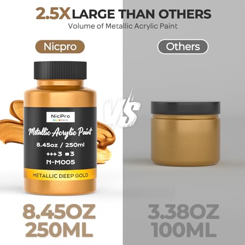 Image of Nicpro Metallic Deep Gold Acrylic Paint, 8.45oz /250ml Large Gold Leaf Paint | Non Toxic, Non Fading Craft Paints for Metal, Wood, Clay, Fabric, Canvas, Furniture, Handcrafts, Art Supplies