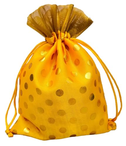 Image of 13CM X 18CM Small Drawstring Bags Pouches Potli for Gift Wedding Jewelry Packaging Bridal Party Favors for Women (10 Pc Pack, Yellow Color Golden Polka Dot)