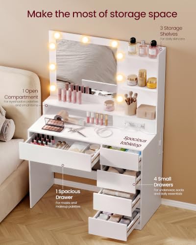 Image of VASAGLE 31.5-Inch Vanity Desk with Mirror and Lights, Power Outlets