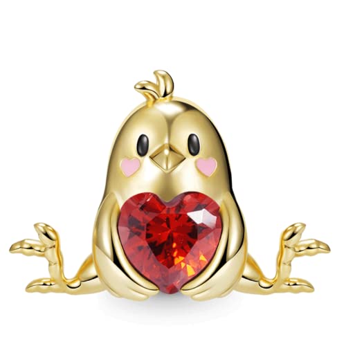 GNOCE Little Yellow Chicken Charms Embraces Heart Gemstone Charm Bead 925 Sterling Silver Gold Plated Fit Bracelet/Necklace For Mother's Day Gift