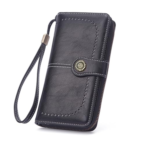 Commendize Wallet, Women's Fashion Zipper Wallet, Womens Vintage Large Capacity Long Leather Casual Wallet Brown (Black)
