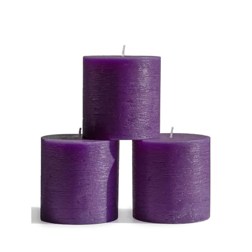 CANDWAX 3x3 Pillar Candles Set of 3 - Rustic Unscented No Drip Purple Candles for Home Decor, Weddings, Centerpieces