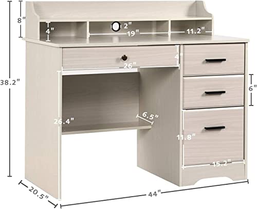 White Home Office Desk with 4 Drawers & Hutch, Computer Table for Bedroom, Off-White