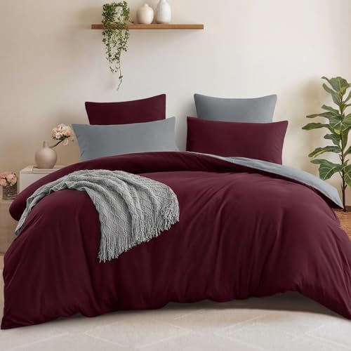 Aisbo Bettwäsche 200x220 3teilig Burgundy Grau - Bettwäsche Sets 1 Bettbezug 200x220 cm + 2 Kissenbezüge 80x80 cm, ÖKO-TEX Wendebettwäsche Weich Mikrofaser mit Reißverschluss