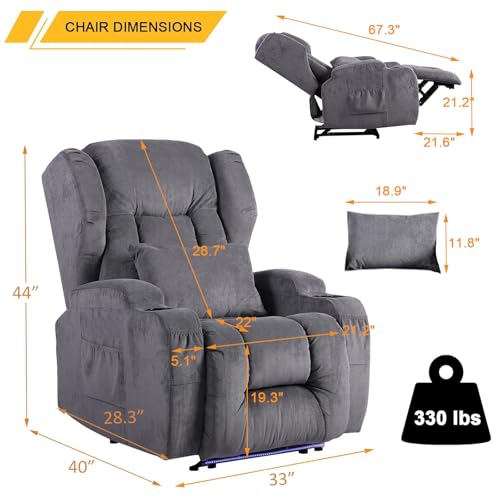 Image of Wall Hugger Power Recliner Chair Set of 3, Overstuffed Home Theater Seating w /Heat Massage Electric Movie Gaming Sofa Reclining Sleeper Chair with LED Light /Lumbar Pillow /Cup Holders