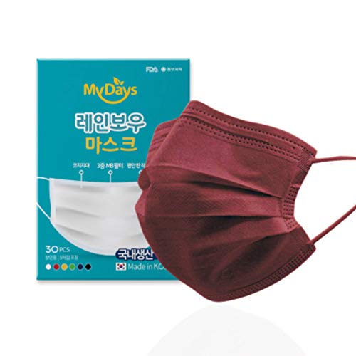 [Pack Of 30] MyDays RAINBOW Mask Premium Korean Disposable Face Mask Comfortable & Breathable face mask, Dust Mask, Adult Face Masks, By Happy Life (Burgundy)