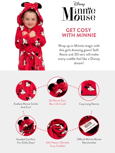 Disney Minnie Mouse Bademantel Kinder, Fleece Bademantel Mädchen Mit 3D Minnie Mouse Ohren, Morgenmantel Mädchen, Rot 98