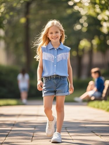 Image of Girls Fringe Shirt Sleeveless Button Down Western Cowgirl Tassel Trim Casual Blouse Shirt Top 4-13Y