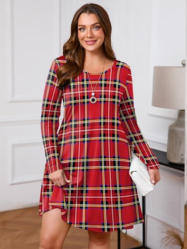 Image of AusLook Women's Plus Midi Dress Long Sleeve Crew Neck A-Line Swing Flowy Vacation Fall Wedding Guest Dresses with Pocket 1-5X