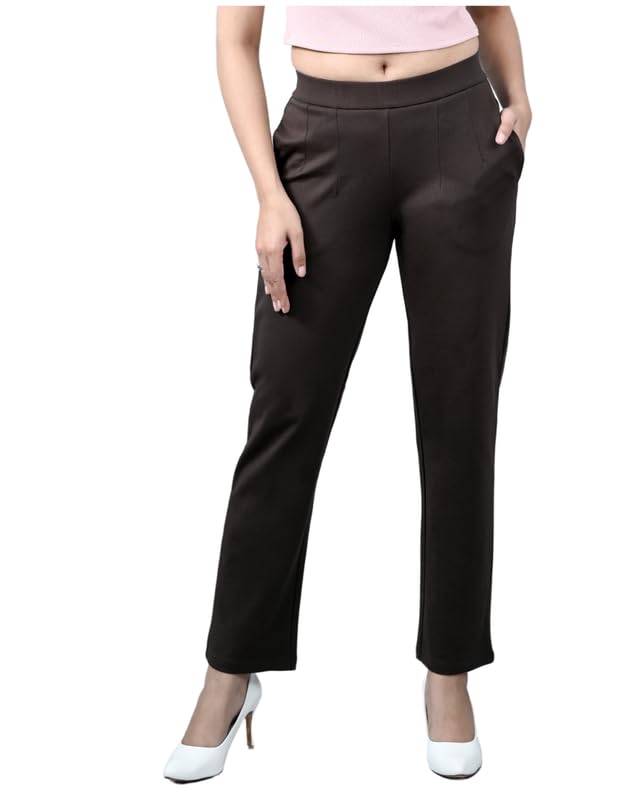 Image of Mlada Straight Fit Cigarette Pencil Pants Elastic Waist Band Mid High Waist Formal Office Trousers for Women, Pockets for Travel Stretch Cotton Knit Full Length Regular /Plus Size