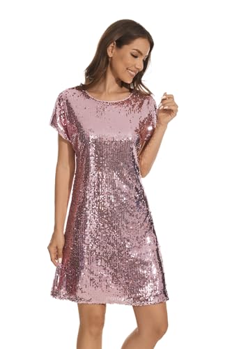 Image of Women's Crewneck Sequin Shift Dress Short Sleeve Casual Holiday Sparkly Party Dress