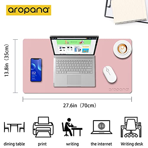 Image of AROPANA Vegan Leather Desk Mat | Large Reversible Mouse Pad & Computer Table Protector | Dual-Side Waterproof Extended Laptop Pad with Edge-Stitched Design (70 x 35 CM, Pink and Silver)