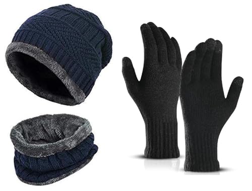 Image of Winter Knit Beanie, Hat, Neck Warmer Scarf and Woolen Gloves Set - Skull Cap for Men & Women (3 Piece)