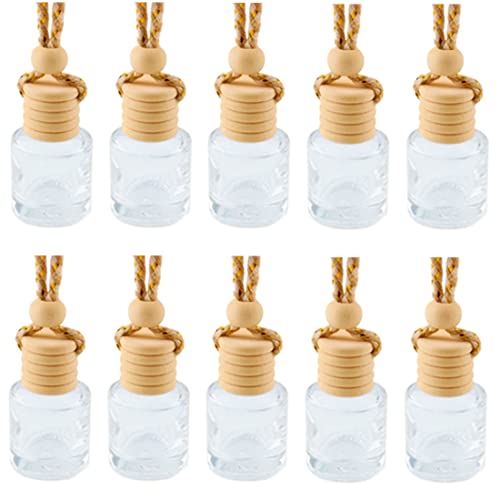 BAQI 10 Pack 8ml Car Air Freshener Perfume Bottle Empty Clear Glass Essential Oil Diffuser Perfume Aromatherapy Pendant Bottle Vials With Wooden Caps & Hanging String