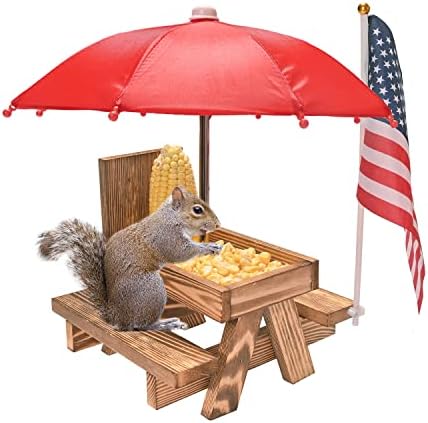 Squirrel Feeder Picnic Table with Umbrella, Wooden Squirrel Table Feeder Outside Funny with Corn Cob Holder for Yard and Porch Decoration, Easy to Fill Peanuts in Shell and Nuts