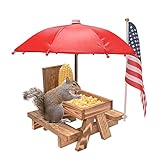 Squirrel Feeder Picnic Table with Umbrella, Wooden Squirrel Table Feeder Outside Funny with Corn Cob Holder for Yard and Porch Decoration, Easy to Fill Peanuts in Shell and Nuts
