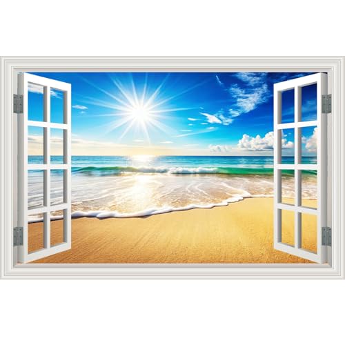 Fake Window Wall Decals Beach Ocean Sea Faux Window Wall Sticker Art Picture Poster Coastal Room Decor, Stick and Peel Landscape Natural Scenery Sunrise Seascape Scene Mural（48"x32"）