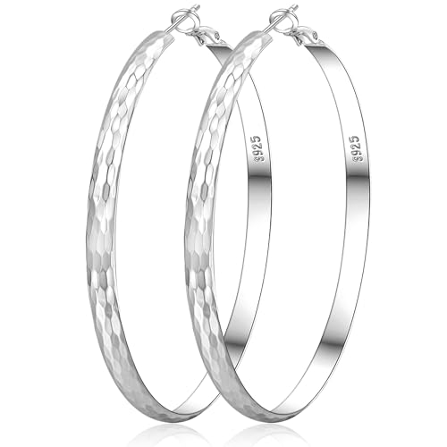 Silver Hoop Earrings for Women Hypoallergenic 925 Sterling Silver Hoop Earrings Diamond-Cut Large Silver Hoop Earrings Lightweight Big Hoop Earrings for Women 30/50/70MM