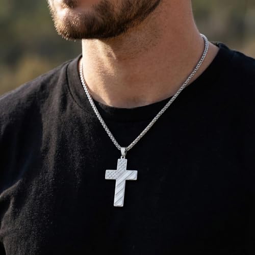 RINHOO 2cps American Flag Cross Necklace for Men Inspirational Bible Verse Cross Pendant Stainless Steel Religious Christian Necklace (Silver+Black-Do not) - image 5