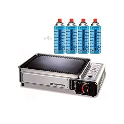 Barbecue a gas portatile 2.8 KW con piastra antiaderente + 4 cartucce gas da campeggio
