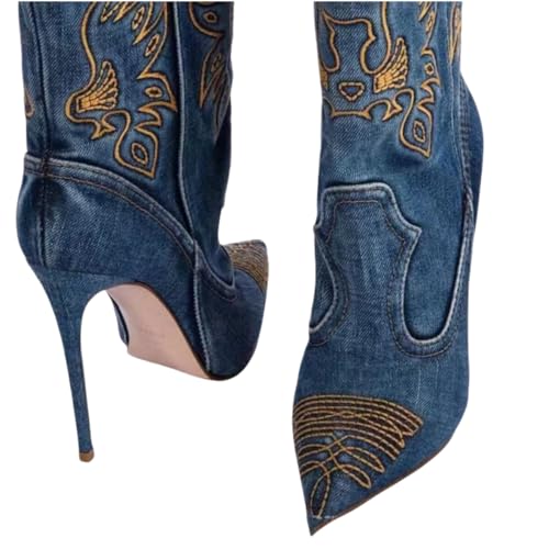 Image of Saint Leia Women's Embroidered Western Cowboy Stiletto Heel Boots Pointed Toe Pull-Up Tabs Classic Cowgirl Dress Boot
