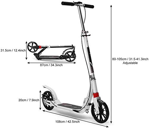 Scooter Erwachsene Erwachsene Tretroller mit großen Rädern und Handbremsseile Doppelaufhebung Folding Pendler Scooter for schwere Personen - Unterstützt 330lbs LQHZWYC (Color : White)