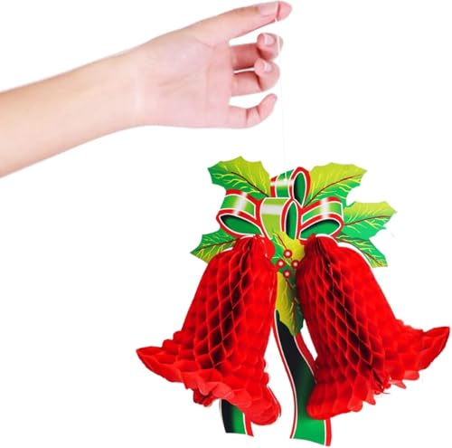 Honeycomb Christmas Decorations, Bell Hanging Paper Bells for Ceiling Wall Hanging Party Supplies Home Decor Photo Backdrop (2pc Red) - Image 3