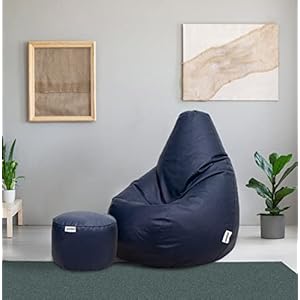 Amazon Brand – Solimo Leatherette 2XL Bean Bag with Footrest, Ready to Use, Filled with Beans (Navy Blue)