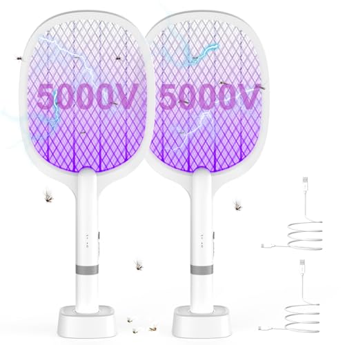 5000V Raqueta Mosquitos Electrica: 2 en 1 2000mAh Matamoscas Electrico para UV Mosquitos con Base de Recarga USB-C. Mata Mosquitos Electrico pour Intérieur et Extérieur