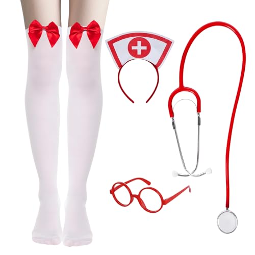 YUYWWAN Krankenschwester Kostüm Zubehör Set, Halloween KrankenschwesterKostüm mit Haarreifn Strümpfe Stethoskop Gläser, Nurse Costume Accessoires für Halloween Karnevals Rollenspielpartys (A)