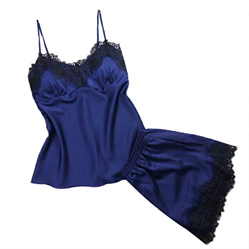 Tennis de table pour femmes Vêtements de nuit Top Satin Top sans manches Ruban Vêtements de nuit Ensemble de lingerie blanche, Marine, L