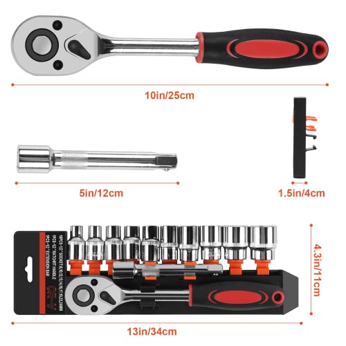 LONENESSL Metric 1/2'' Drive Socket Set, 12pcs Ratchet Wrench Tool Set, 10pcs 10-24mm Metric Driver with 5'' Extension Bar and 1/2'' Quick Release Ratchet Wrench(Plastic Frame) - Image 2