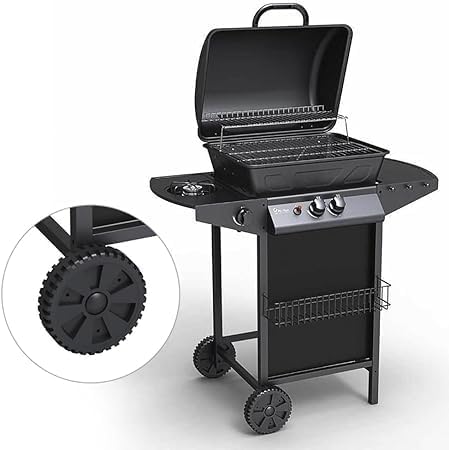 DGBAVARIA Gas Barbecue assembled, showing the main grill, side burner, and wheels