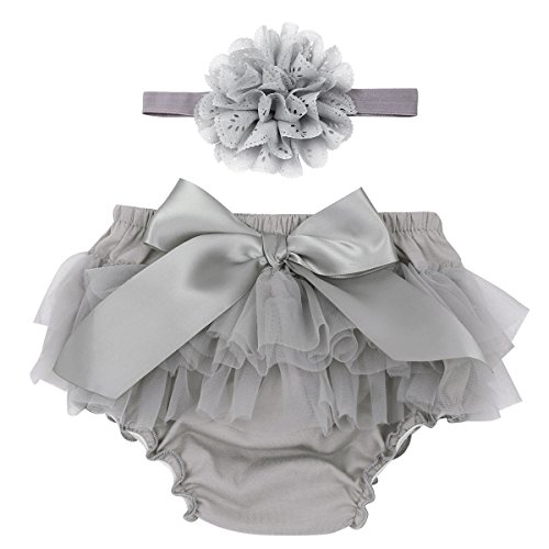 zdhoor Infant Baby Girls Tulle Ruffle Bloomers with Bow Diaper Cover and Headband Set Photo Shoot Props Gray 0-3 Months