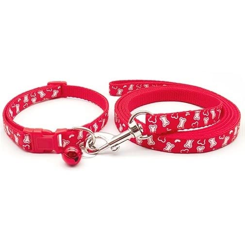Small Dog Puppy Pet Collar and Lead Set White Bone Design Nylon Adjustable Size 19-32cm Collar with Bell and 120cm Leash Red - Image 2