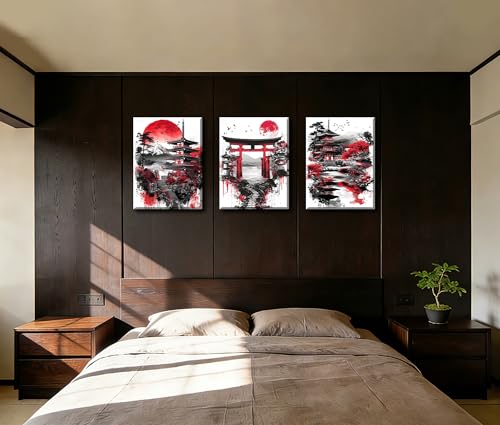Image of Frimeeme 3 Pieces Japanese Canvas Wall Art,12x16 Inch Each | Japanese Landscape Painting Prints, Red and Black Cherry Blossom Trees Building Pictures, Living Room Office Decor